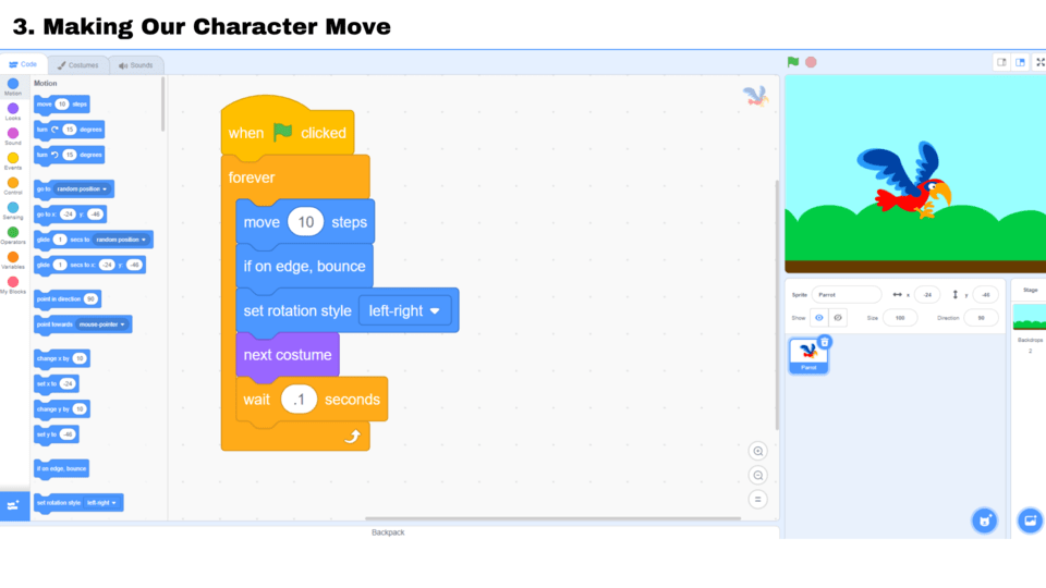 Điều khiển nhân vật chuyển động trong dự án Scratch đầu tiên